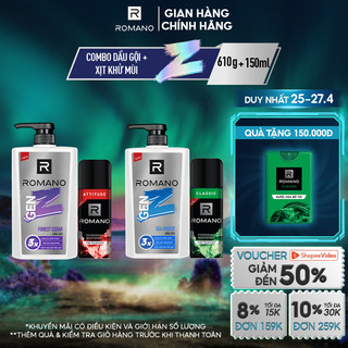 Combo Dầu gội Romano Gen Z Hương Sea Breeze/ Forest Cedar 610g/ chai + Xịt khử mùi 150ml/ chai