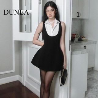 Đầm không tay màu tương phản DUNEA Turn Down Patchwork