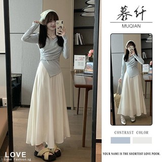Bộ Đồ Áo Thun Dài Tay+Chân Váy Tôn Dáng Cạp Cao Phong Cách Ngọt Ngào Mẫu Mới