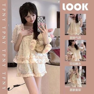 Phong Cách Công Chúa Mới Bộ Đồ Ngủ Màu Hồng Nữ Mùa Hè Hoa Cô Gái Siêu Cổ Tích Quần Short Tay Ngắn Ngọt Ngào Dễ Thương Homewear Phù Hợp Với Có Thể Đeo Bên Ngoài