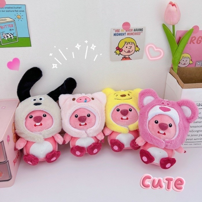 Gấu bông Loopy Hải Ly cao 16cm Đồ Chơi Mũ Cá Đội Đầu Có Thể Tháo Ra Được, mũ lợn hồng, Hải Ly đội mũ