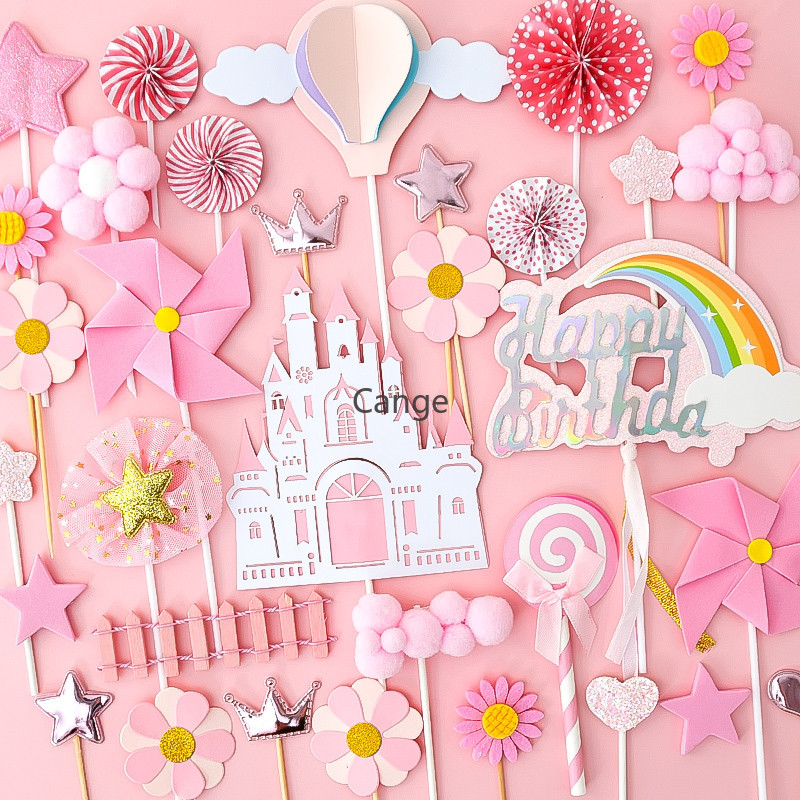 Plugin trang trí bánh trái tim cô gái màu hồng Cloud Rainbow Baby Birthday Plugin