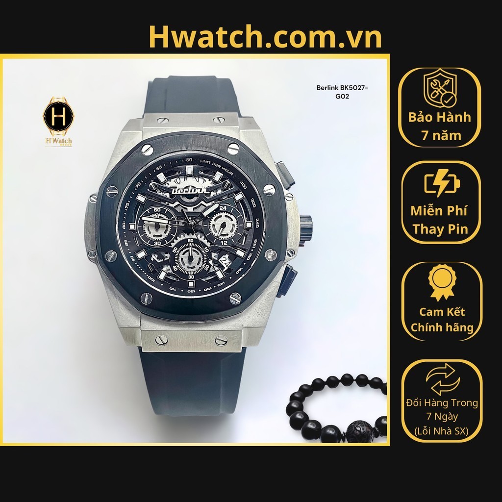 [Có sẵn] [Chính hãng] Đồng Hồ Nam Berlink Pin BK5027-G02 Dây Casu Vỏ Xám Mặt Đen Sapphire HwatchAuth
