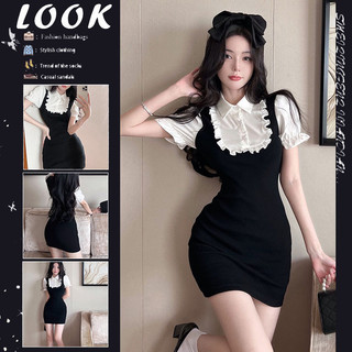Preppy Phong Cách Hot Girl Giả Hai Mảnh Đầm Nữ Mùa Hè Phong Cách Mới Tay Phồng Cổ Pure Desire Hông Váy Ngắn