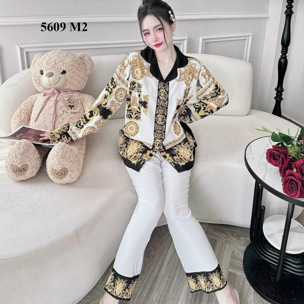 Đồ Bộ Pijama Bigsize Tay Dài Quần Dài in 5D Vải Lụa Măng Gồ 55-100kg Nữ Women Quần Ngủ