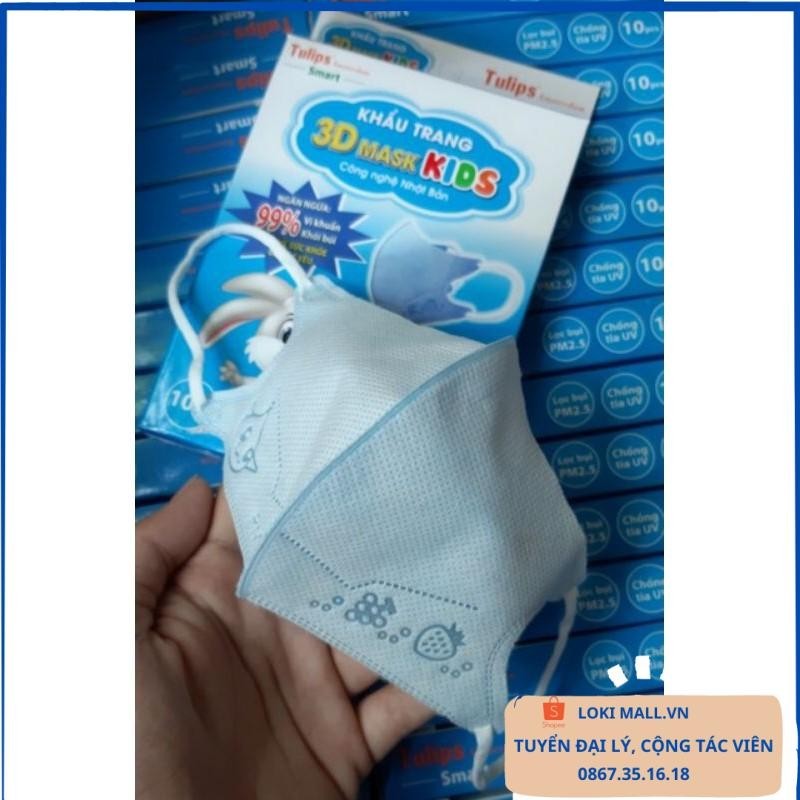 Khẩu trang trẻ em 3D Mask Kids Tulip hộp 10c, bảo vệ sức khoẻ cho bé ngăn ngừa 99% vi khuẩn khói bụi