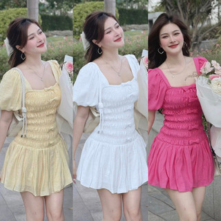 Đầm Body Cổ Vuông Tay Phồng Ngắn Dáng Ngắn Xoè Nhún Thân Đính Hàng Nơ Chất Cotton Lạnh