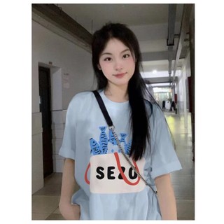 HANUNA Local Brand Áo Thun Phông Form Rộng 100% Cotton BIG SIZE Thời Trang Mới Mùa Hè Plus Size In Hình Màu Xanh Áo Thun Nữ Tay Ngắn