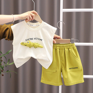 Trẻ Em Mới Phù Hợp Với Bé Trai Mùa Hè Lập Thể Khủng Long Vest Bé Trai Áo Thun Không Tay Quần Short Thường Ngày Hai Mảnh Bộ