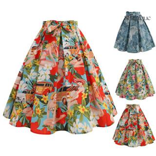 Stitchique _ Nữ Váy Midi Eo Cao Nơ Trang Trí Váy Viền Lớn Có Dây Kéo In Hoa Xếp Ly Váy Retro Chiều Dài Giữa Bắp Chân Váy
