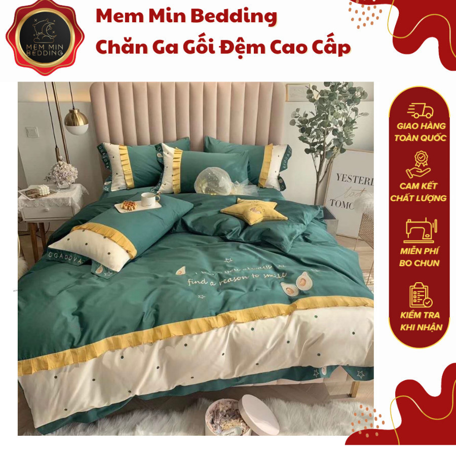 (L4111)Chăn Ga Gối Lụa 60s Cao Cấp Họa Tiết Trái Bơ Siêu Bắt Mắt - Memminbedding Luxury