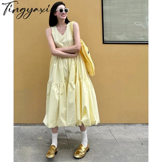 Tingyaxiu Váy không tay nữ cổ chữ V kiểu Pháp váy đi nghỉ dài xếp ly cao cấp váy màu trơn