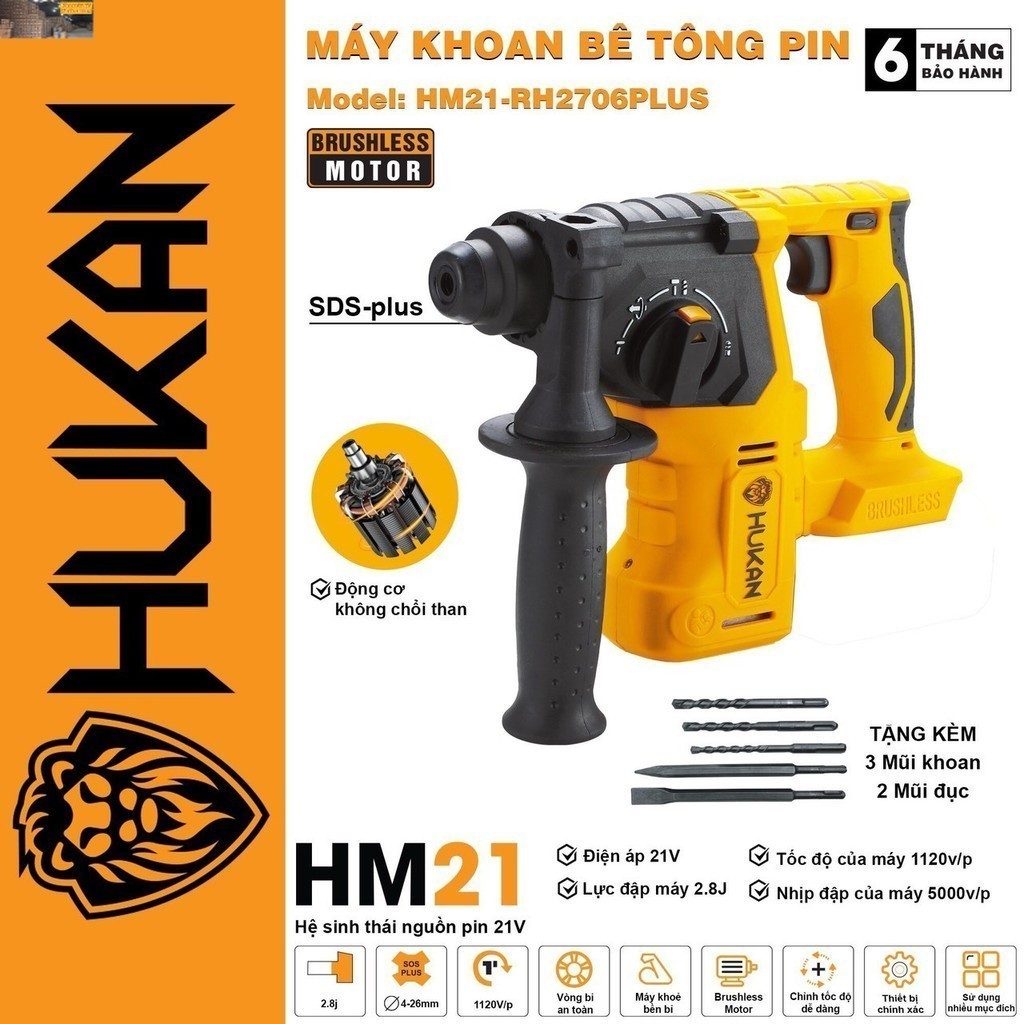 Thân Máy Khoan Bê Tông PIn Hukan 2706 PLUS 3 Chức Năng Chân pi.m Phổ Thông M21 Kho máy xuất xưởng