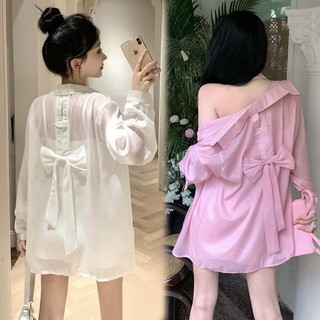 Áo sơ mi nơ kiểu Pháp mùa hè bên bờ biển Kỳ nghỉ chống nắng Áo sơ mi nữ