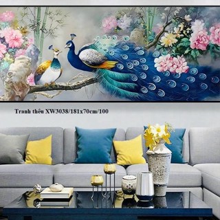Tranh Thêu Chim Công Hoa Mẫu Đơn Phu Thê Viên Mãn Mới 2024 XW3038(181x70cm) Chưa Thêu