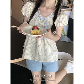 Cocorygirl Quần áo nữ Hàn Quốc Áo sơ mi tay phồng cổ chấm bi