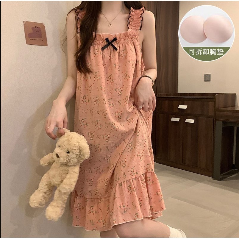 Váy ngủ cho nữ váy mặc nhà có đệm ngực chất đũi cho mùa hè phong cách ngọt ngào dễ thương