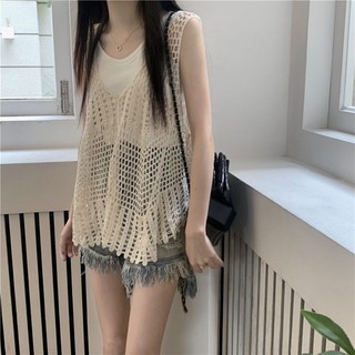 Retro Rỗng Dệt Kim Áo Vest Nữ Mùa Hè Niche Thiết Kế Áo Khoác Ngoài Hot Girl Áo Khoác Không Tay Ngắn Top