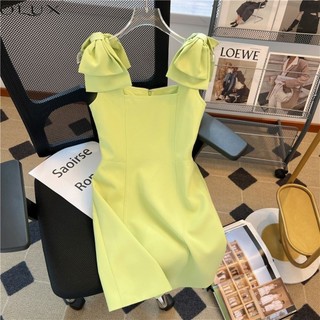 Nhỏ Tươi Trắng Xanh Xanh Dương Cổ Vuông Đầm Nữ Nhỏ Váy Hẹp Thiết Kế Váy Niche Vest Váy