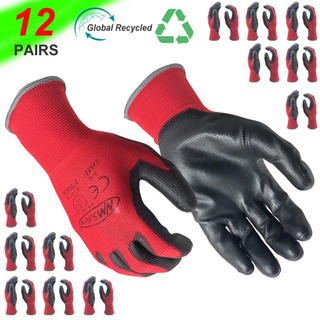 24 Cái / 12 Đôi Găng Tay An Toàn Người Vườn Có Dệt Kim Đỏ Nylon Nhúng PU Nitrile Phủ Lòng Bàn Tay An Ninh Găng Tay Làm Việc Bảo Vệ