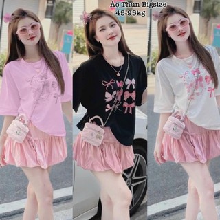 (HCM) Áo Thun Cotton Thái Mềm Mịn Mát Tay Ngắn in Hình Nơ Bigsize Cổ Tròn Nữ Xinh Đẹp Dễ Thương Giá Rẻ Freesize 45-95kg