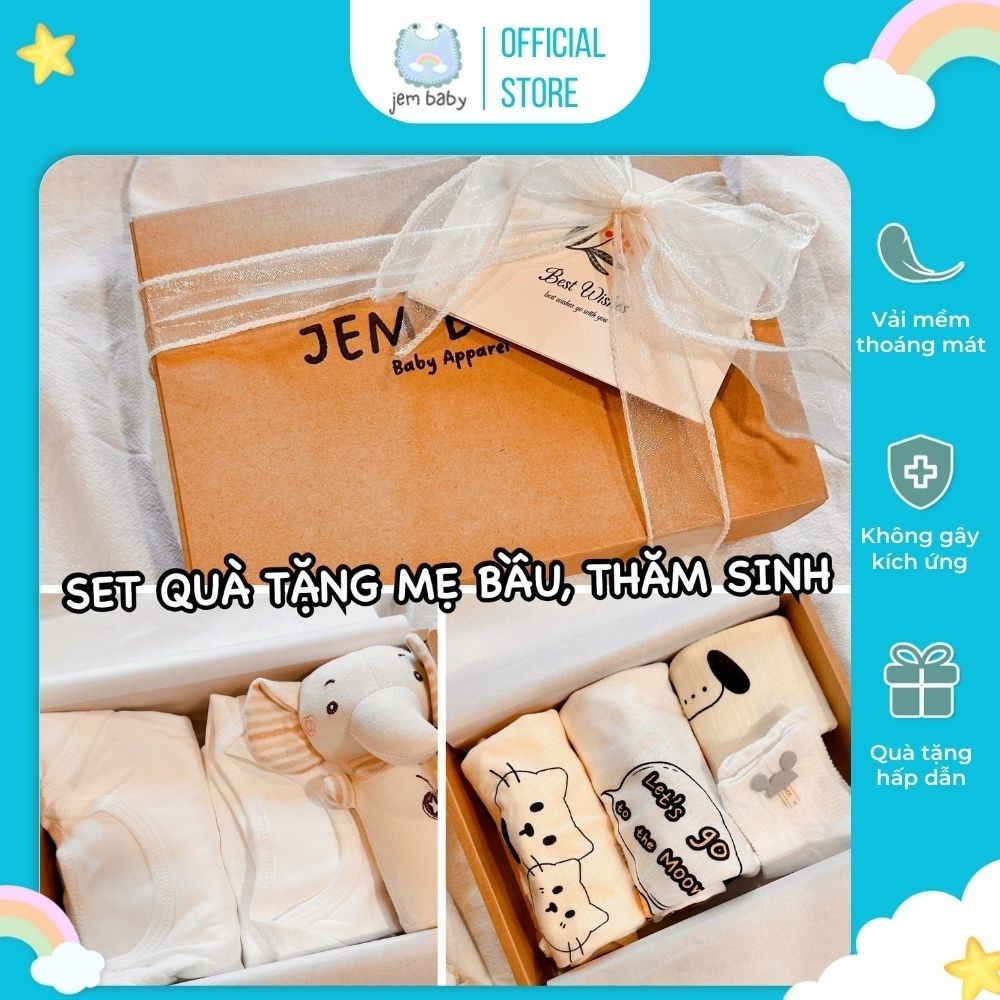 Set quà sơ sinh, đầy tháng mix sẵn cao cấp cho bé trai, bé gái, tặng mẹ bầu, thăm sinh, kèm nơ và thiệp | JEM BABY