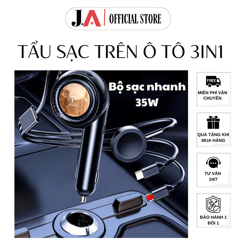 Bộ Cáp Sạc Nhanh Type-C và Táo 3 in 1 Cho Ô TÔ Có Kèm Sạc Không Dây Cho Đồng Hồ Thông Minh, Sạc Tẩu 
