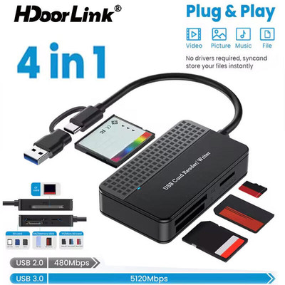 Đầu đọc thẻ HdoorLink 4in1 USB 3.0 Loại C Đầu đọc thẻ nhớ SD TF CF MS Bộ chuyển đổi ổ đĩa thẻ Flash 5Gbps Đầu đọc thẻ tốc độ cao