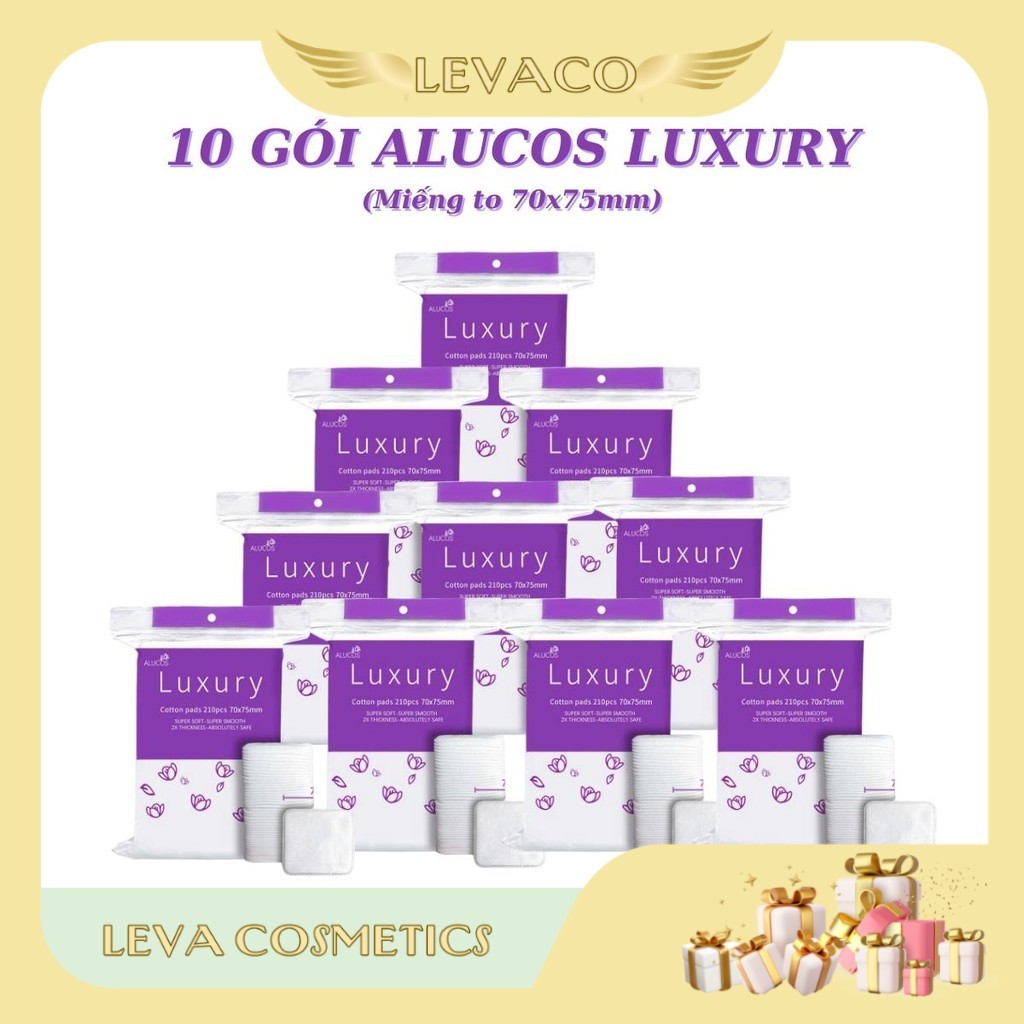 Bông Tẩy Trang Alucos Luxury 210 Miếng Vuông Cotton Pads Dày Mịn Chăm Sóc Da Mặt BTT08 Chính Hãng