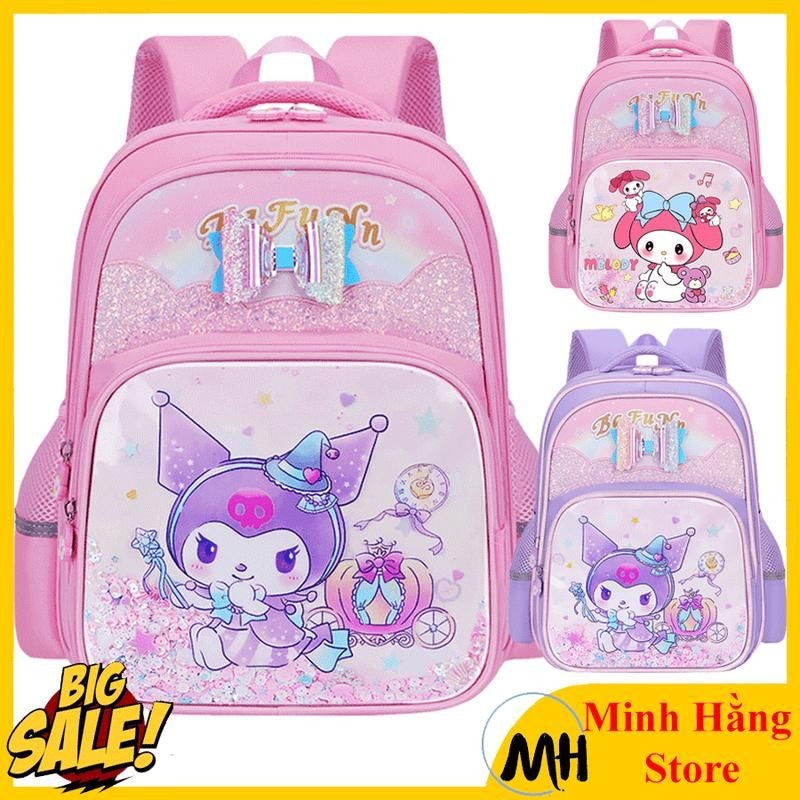 "Balo đi học cho bé gái lớp 1-9 Kuromi Melody có đai phản quang, cặp sách chống gù học sinh tiểu học