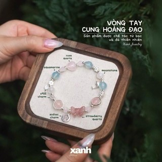Vòng tay cung hoàng đạo phối đá phong thuỷ thiên nhiên aquamarine, thạch anh hồng, charm nơ dễ thương - Xanh Jewelry