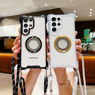 Ốp Sạc Không Dây Dây Bốn Góc Cho Samsung Galaxy S23 FE S24 Plus S22 Ultra A35 A53 A14 A34 A54 A15 A55 5G Dây Đeo Ngang Dây Chống Sốc Trong Suốt