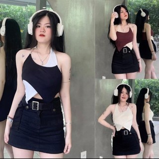Áo yếm choàng cổ phối đính khoen vạt xẻ nhọn