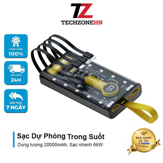 Sạc Dự Phòng Trong Suốt 20000mAh TZ07   Với 2 Cổng Sạc Nhanh 22.5w và PD 20W Kèm 4 Đầu Sạc Màn Hình LED DL Tech