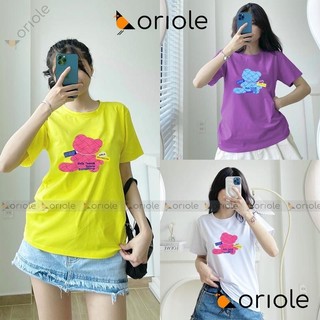 Áo Thun Nữ Cổ Tròn Chất Cotton Thái Form Rộng In Hình Gấu Caro Màu Trắng, Đen, Tím, Vàng, Xanh chuối 