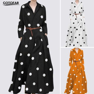 [Got] Nữ Xuân Thu Thu Ve Áo Dài Tay Đầm In Chấm Túi Cao Cấp Chữ A Ngày Lễ Đầm Maxi Dạo Phố