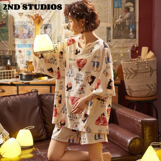 Bộ áo thun rộng 2ND STUDIOS2 + quần short in hình hoạt hình chắp vá dễ thương