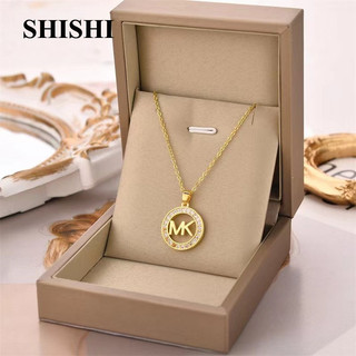 Vòng cổ thép SHISHINTitanium, chạm khắc tròn, nhãn dán MK, phong cách kim cương, thời trang Châu Âu và Mỹ, phù hợp cho nữ
