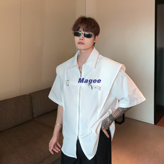  Magee Mới Áo Sơ Mi Nam Phiên Bản Hàn Quốc Retro Thường Ngày Sang Trọng Giải Cấu Trúc Dây Kéo Thiết Kế Rời Thiếu Niên Cặp Đôi Thời Trang Cổ Lật Giả Hai Mảnh Vai Đệm Hàng Đầu 