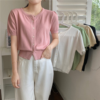 Áo len dệt kim ngắn tay cổ tròn dành cho nữ