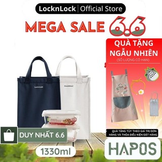 Bộ túi đựng cơm hộp thủy tinh LocknLock Chính hãng, có túi lớn treo xe tiện lợi dùng lò vi sóng LLG429DS2 - HAPOS OFFIC