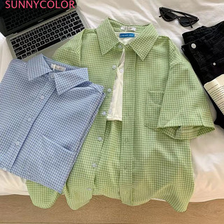 Sunnycolor Áo sơ mi sọc ngắn tay, dáng rộng - vừa vặn dành cho nữ