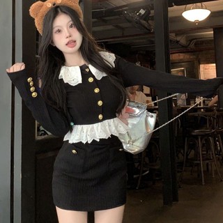 Bộ Trang Phục Quý Cô Khí Chất, Áo Khoác Ngắn Phối Ren Cổ Búp Bê Phong Cách, Chân Váy Ôm Hông Cho Nữ