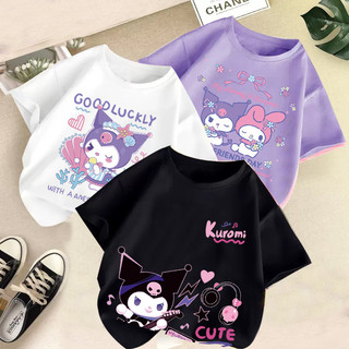Sanrio Hoạt Hình Dễ Thương Kuromi Áo Thun Nữ Tay Ngắn Mùa Hè 2024 Mới Trẻ Em Màu Tím Top