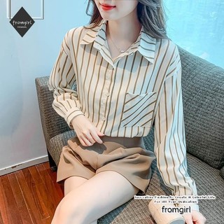 Quần áo mùa thu mới 2024 cổ polo dài tay sọc voan áo sơ mi nữ thời trang dáng rộng hàng đầu triều