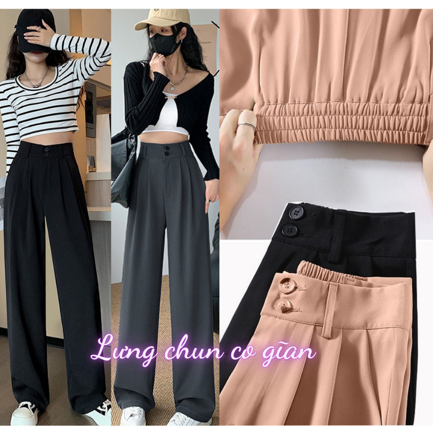 [Combo 2 quần] Quần tây nữ ống suông lưng chun cạp cao khóa trước Dáng Dài 100cm cạp bản to 7cm lưng cao siêu tôn dáng