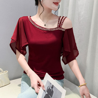 MIOU Mùa Hè 2025 Thiết Kế Thời Trang Mới Cảm Giác Hạt Móng Tay Gợi Cảm Tắt Vai Áo Thun Có Viền Ruffle Tay Ngắn Slim Fit Slanted Cổ Chữ V Đảng Đỏ Top Cotton