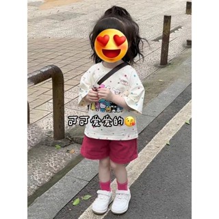  2024 Áo thun ngắn tay in hình bé gái mới Áo thường ngày + Quần Short màu trơn Bộ hai mảnh dễ thương 