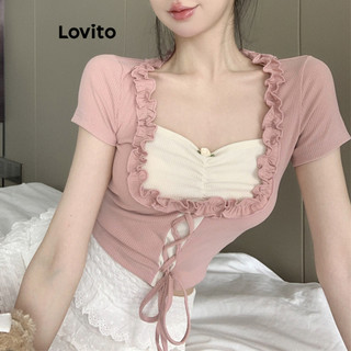 Áo thun Lovito viền nhún bèo màu trơn dễ thương cho nữ LNA55142