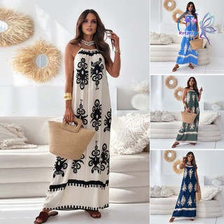 Rotyroya-lady Kỳ Nghỉ Đầm Chữ A Phối Màu In Hình Tắt Vai Không Tay Xếp Ly Bohemian Spaghetti Dây Đeo Rời Lưng Đi Biển Đầm Maxi